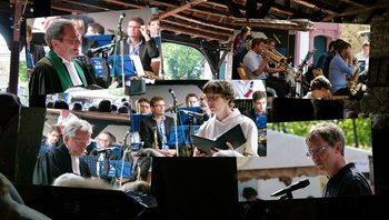 Ökumenischer Gottesdienst beim Eselshautfest Die Bildcollage zeigt eine katholische Pastoralreferentin, eine protestantische Pfarreien, Mitfeiernde, Musiker und weitere Impressionen von einem ökumenischen Freiluftgottesdienst zum Eselshautfest in Neustadt